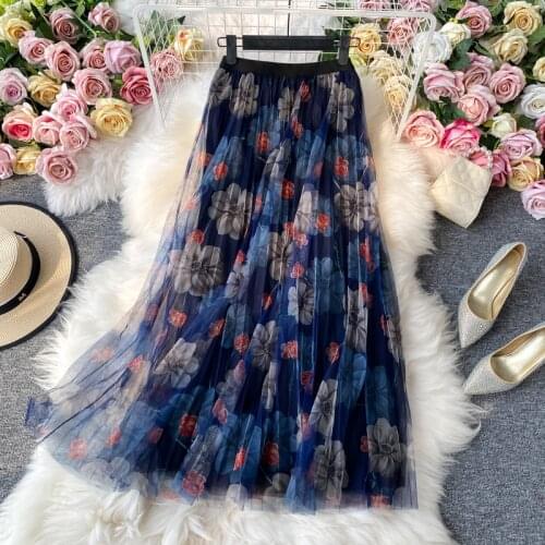 2021 Summer Women Fashion Mesh Floral Skirts New High Waist Elastic Waist Flower Print A-line Skirt Casual Beachwear