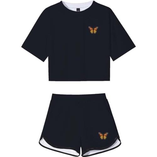 Heart Finger Crop Shorts Suit Solid Black 3D Print T-shirt Pants Two Piece Set Women Tracksuit Outfit Summer Cute Matching