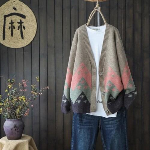 2021 spring and autumn new Korean ethnic style jacquard knitted cardigan loose color matching V-neck sweater jacket women