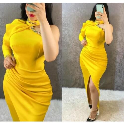 Vintage Long One Shoulder Satin Prom Dresses with Slit Zipper Back Robe De Soiree Floor Length Formal Party Dresses for Women