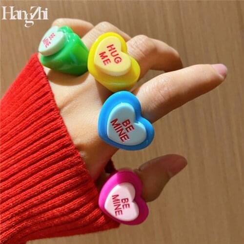 HANGZHI 2021 New Korean Resin Heart Love HUG-ME BE-MINE Colorful Rings Geometry for Women Girls Summer Jewelry Gifts
