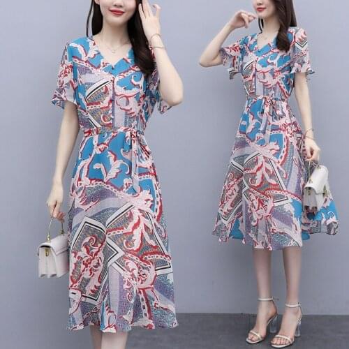 Womens V-Neck Plus Size L-5XL Dress 2021 Summer XXXL 3XL XXXXL Party Holiday Swing Slim Casual Floral Dresses For Fat 90KG Woman