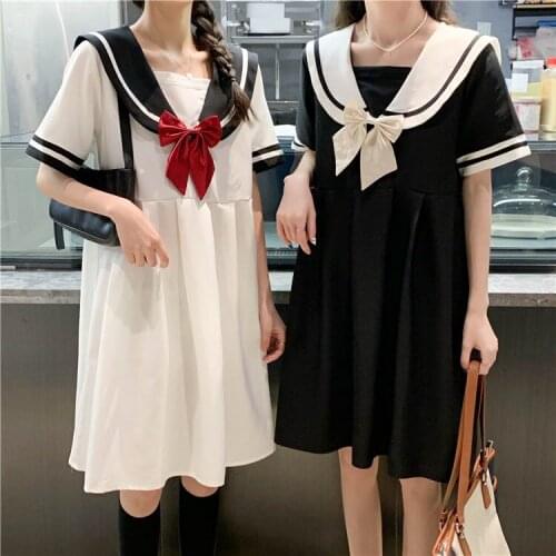 COOLFEL Japanese Kawaii Lolita Dress Sweet Bow Knot Sailor Collar Navy Dress Preppy Style Short Sleeve Dress Women
