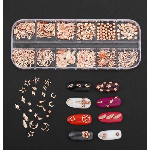 12 Shapes Rose Gold Metal 3D DIY Nail Art Decorations Studs Nails Accessories Supplies Manicure Design Tools