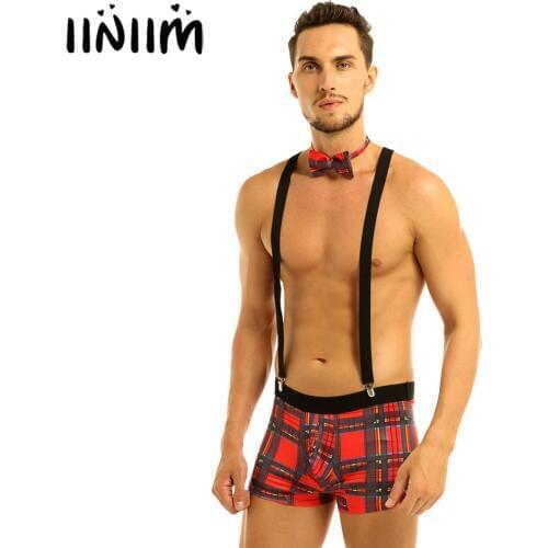 3Pcs Mens Plaid Bulge Pouch Boxer Briefs Underwear with Y Back Elastic Strong Clip Suspenders and Bowtie Set for Sexy Clubwear