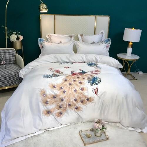 Luxury 60S White Peacocks Embroidery Duvet Cover Bed Linen Fitted Sheet Pillowcases Bedclothes King Queen Size 4PCS