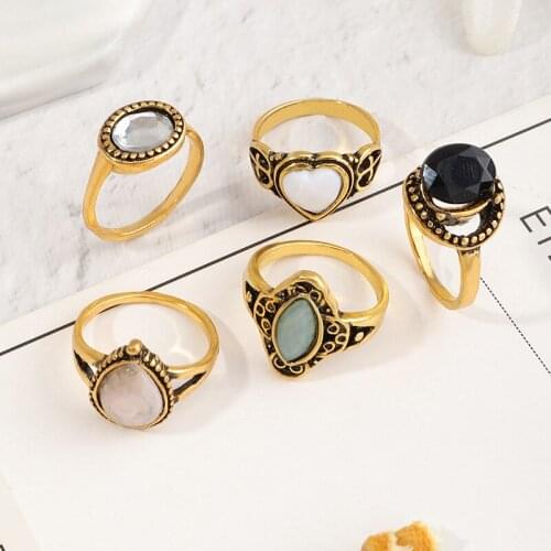 5pcs/Set Vintage Antique Gold Color Rings Sets Geometric Colorful Opal Stone Carve Ring for Women Men Bohemian Jewelry Wholesale