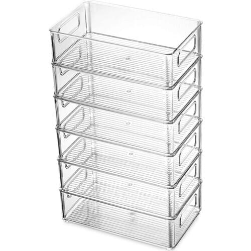 6Pcs Refrigerator Organizer Bins Stackable Fridge Organizers with Cutout Handles Clear Plastic Pantry Food Storage Rack