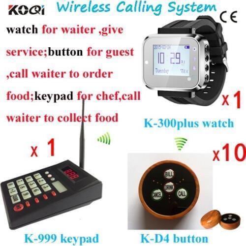 Wireless Table Call System For Cafe Kitchen; 10pcs Waterproof Service Button + 1pcs Watch Pager + 1pcs Keypad Transmitter