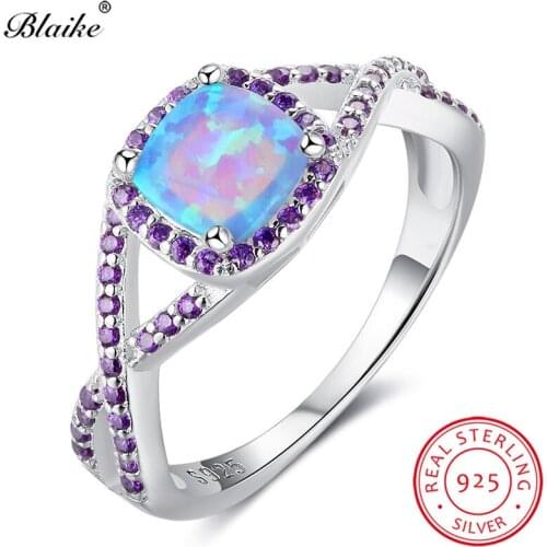Blaike Retro Square Blue Fire Opals Purple Zircon Crossed Rings For Women 100% Real S925 Sterling Silver Birthstone Fine Jewelry