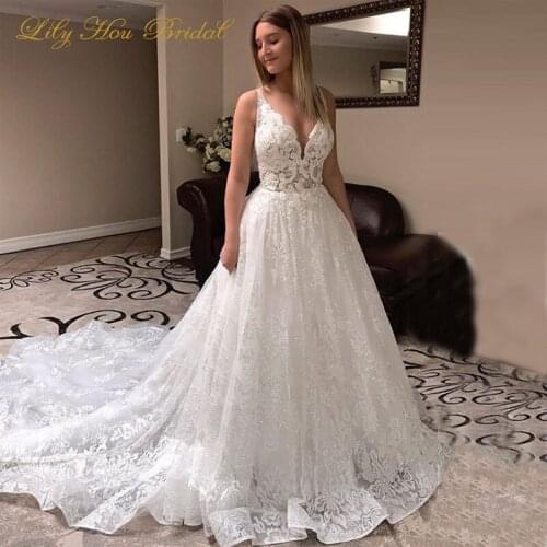 Sparkling Wedding Dress 2020 Deep V Neck Sleeveless Glitter Lace Fashion Bride Formal Wear A Line Bridal Gown