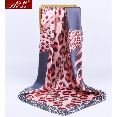 BOSI Pink Leopard print Square Silk Satin big 90*90cm hijab Chain Scarf for Women Scarves Luxury Brand Fashion Shawl Elegant