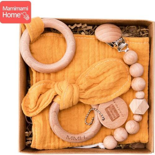 1set Baby Teether Pacifier Clip Chain Ring Rattle Toys Bandana Bibs Burp Cotton Cloths Wooden Rodent Blank ChildrenS Goods Gift