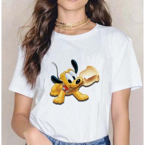 Disney 2021 T-shirt Women Cartoon Pluto Women Short Summer Regular T Shirt O-Neck White Tops Tee Shirt Loose Femme