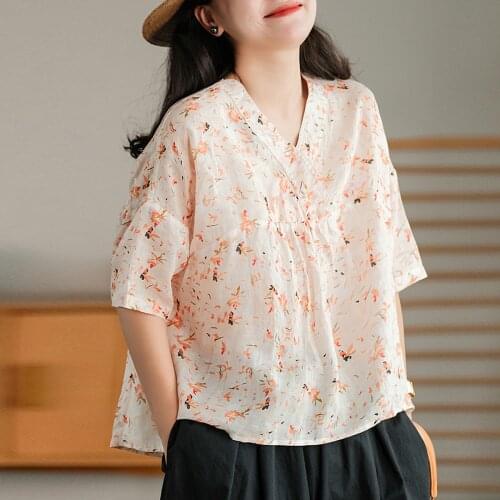 Johnature Women Japan Style Ramie T-Shirts V-Neck Print Floral Tops Loose Vintage Tees 2021 Summer New Sweet Girl Clothes Tshirt