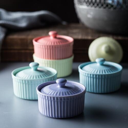 KINGLANG Nordic Style Ceramic Souffle Cake Baking bowl Souffle Cake Bowl with Lid Dish Saucer Tableware