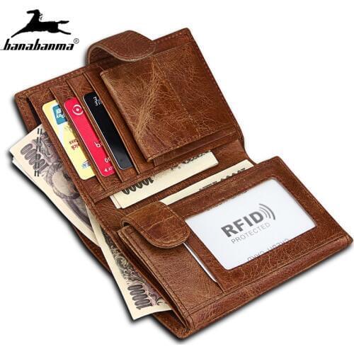 Genuine Leather RFID Purse Real Cowhide 2 fold Purse short carteira Cash Coin Pocket Card Holder Clutch Bag Casual Male Wallet