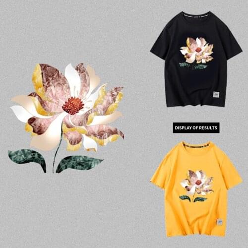 Beautiful Summer lotus Iron On Patches For Clothing DIY Washable Heat Transfer Lady T-Shirt Sticker On Clothes Applique