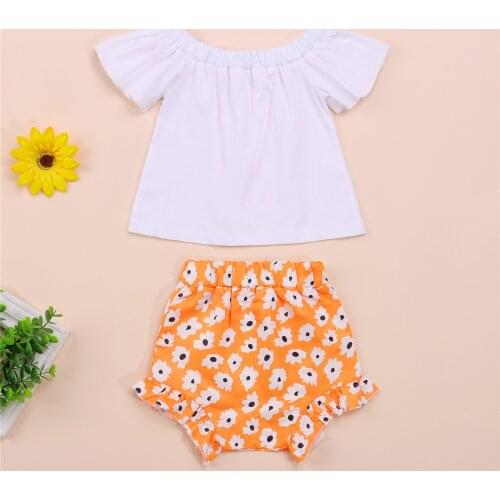 Summer Baby Girls 2Pcs Suits Infant Toddler Solid Color Short Sleeve Off Shoulder T-Shirt Top + Daisy Floral High Waist Shorts