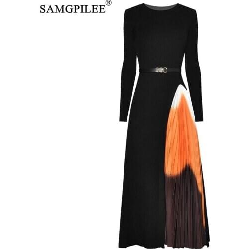 SAMGPILEE Fashion Designer dress Spring Autumn Womens Dress Sashes knitting Long sleeve Patchwork Pleated Dresses
