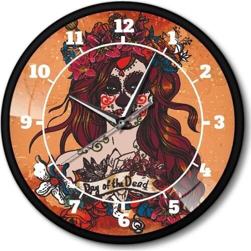 Skull Girl Design Wall Clock Day of the Dead Home Decor Calavera Girl Metal Frame Clock Room Decorative Time Clock Quiet Movemen