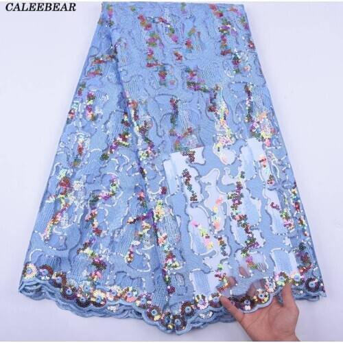 Sky Blue Nigerian Sequins Lace Fabrics 2020 High Quality African Lace Fabric Wedding French Tulle Lace Material For Dress S2023