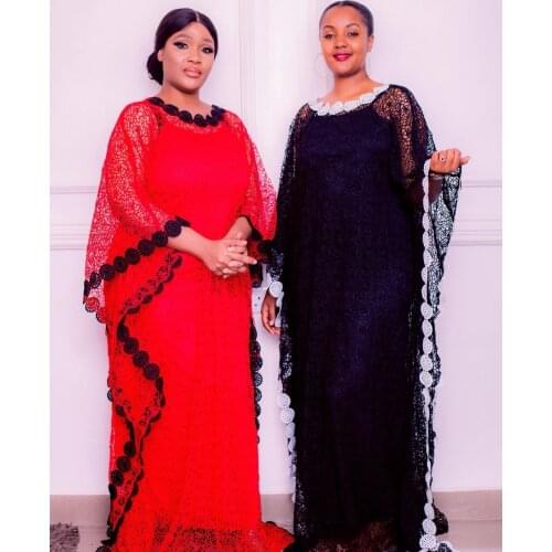 New African Fashion Womens Guipure Cord Lace Abaya Stylish KWA Inside Skirt And Loose Long Dress 2-Piece Free Size Dashiki