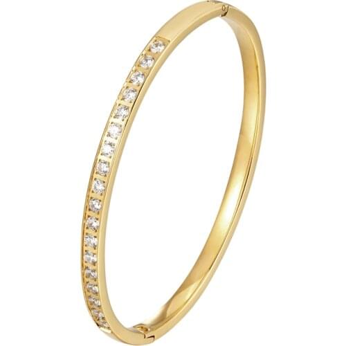 New Fashion Classic Inlay 18 Zircon Bangle For Women Stainless Steel Gold Color Bracelet Cuff Simple Trendy Feminina Jewelry