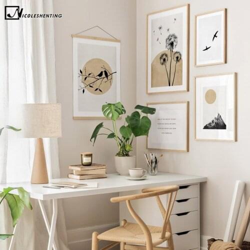 Dandelion Bird Moon Illustration Poster Nordic Abstract Landscape Painting Scandinavian Wall Art Print Picture Modern Home Decor