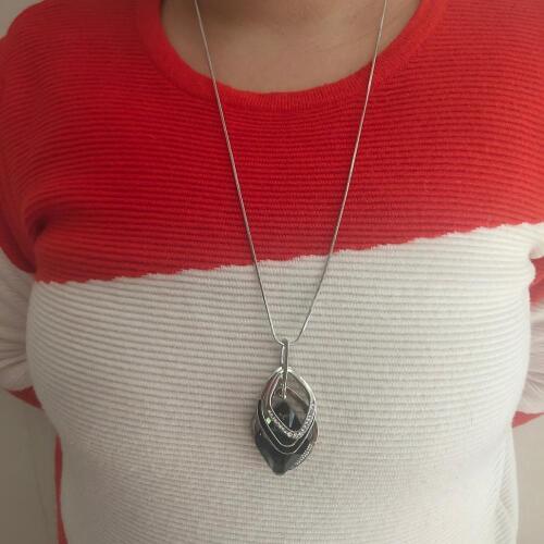 Sweater Necklace triangle row-type crystal pendant alloy part small crystal setting silver plated brass Long Chain