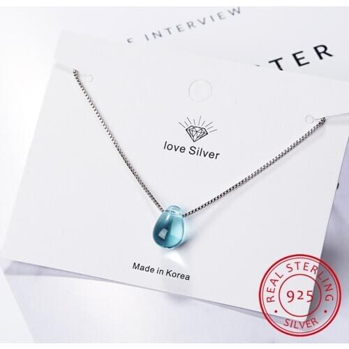 Real Blue Crystal Water Drop Pendant Necklace 925 Sterling Silver Clavicle Chain Necklace For Women Girl Gift S-N292