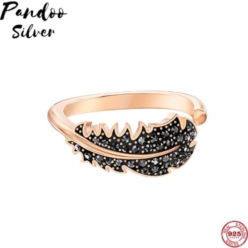 PANDOO Fashion Charm Pure 925 Silver Original 1:1 Copy, Light Black Feather Fashion Wild Ring Ring Female Luxury Jewelry Gifts