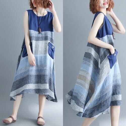 Summer Clothing New Loose Large Size Sleeveless Cotton and Linen Asymmetric Dress Long Stitching Contrast Color Dress k646