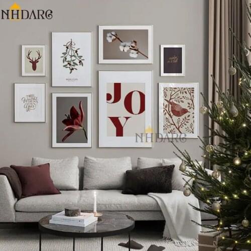 Christmas Theme Sweet Lovely Bird Plant Wall Art Canvas Painting Nordic Posters And Prints Pictures For Living Room Home Decor