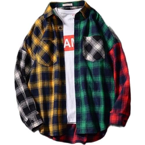 US Size! Patchwork Joker Shirt Men Contrast Color Clown Shirts Man Long Sleeve Hip Hop Plaid Streetwear Oversize Hiphop Blouse