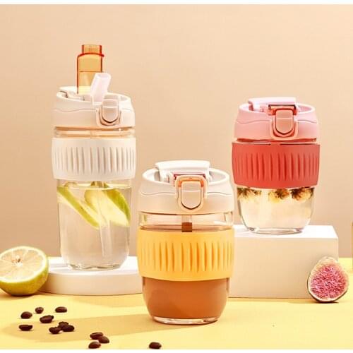 Wbwbmy Summer Simplicity Cute Water Bottles Glass Transparent Straw Cup Tumbler Cup Portable Coffee Cup Straws Reusable with Lid