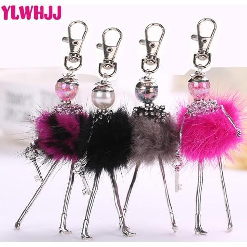 YLWHJJ brand 2017 Modern Design Cute Girl Doll keychain Pendant Rhinestone Women Crystal Bag Key chain Jewelry Feather Fitting