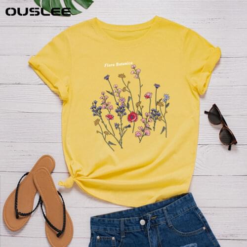 Ouslee Summer Women 100%cotton Plus Size S-5XL Beautiful Wildflower Print Cotton T-Shirt Short Sleeve Casual O-Neck Fashion Top