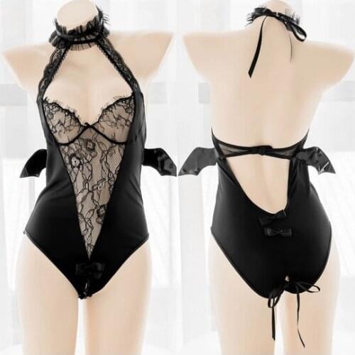 Gothic Lolita Girl Hollow Out Suspenders Halter Backless One-Pieces PajamasSexy Women Little Devil Lace Perspective Jumpsuit