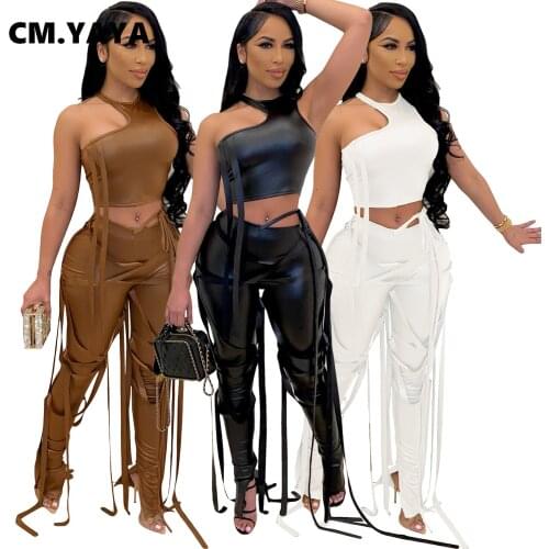 CM.YAYA Faux Leather Sweatsuit Womens Set Drawstring Lace Up Slit Leggings Suit Street Tracksuit Two Piece Set Fitness Outfit