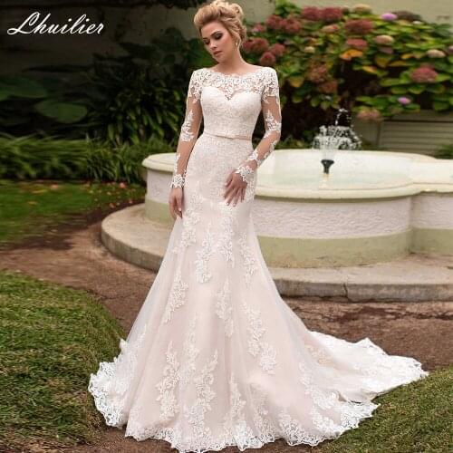 Lhuilier Womens Mermaid Lace Wedding Dresses 2021 Floor Length Full Sleeves Corset Back Bridal Gowns with Belt