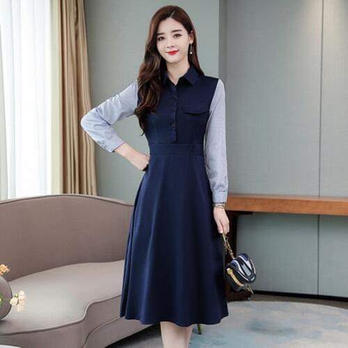 Plus size M-5XL women dress autumn winter long-sleeved striped shirt dress women office ladies elegant A-line midi dress female