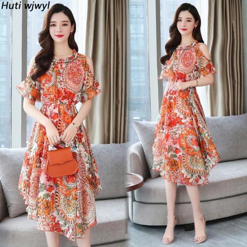 2021 Floral Chiffon Boho Midi Dresses Summer Vintage Plus Size Beach Off Shoulder Sundress Women Bodycon Elegant Party Vestidos