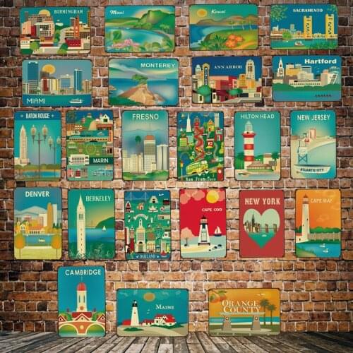 [ Mike86 ] Travel Cites MIAMI NEW YORK Tin Sign Wall Poster Plaque Custom Poster Personality Iron Painting Decor Art HY-1697