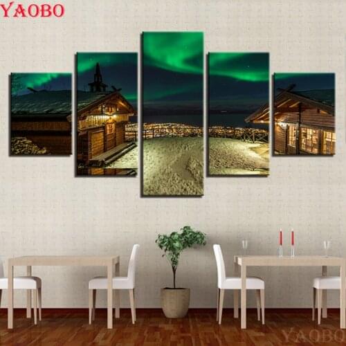 5d diy diamond painting cross stitch 5 Pieces Colorful Aurora Borealis House 3D Diamond Embroidery mosaic painting rhinestones