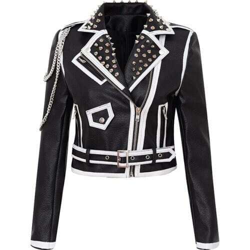 Sping Autumn Locomotive Bead Black pu Leather Jacket female Punk Style thin Motorcyle Jackets Coat with belt Y570