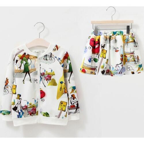 DFXD Kids Clothes Spring Autumn New Floral Girls Suit Cartoon Print Long Sleeve Zipper Coat+Skirt 2pc Children Skirt Set 3-12Y