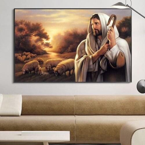 Jesus Herding The SheepOil Painting on Canvas Cuadros Posters and Prints Scandinavian Wall Art Picture Home Decor