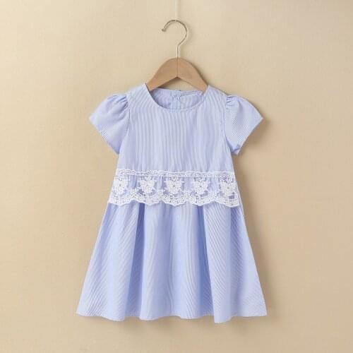 Girls summer dress childrens clothing striped lace short-sleeved dress childrens summer sweet clothing