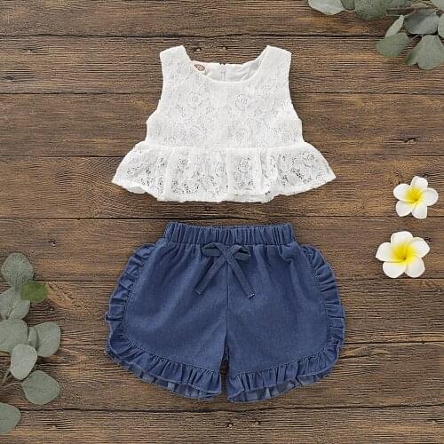 Summer Baby Set Infant Clothes White Baby Girl Lace Suit Toddler Girls Ruffled Shorts Newborn 2Pcs Outfit KF1028